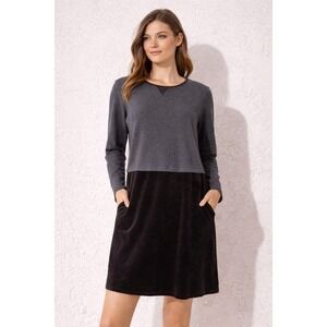 J Jill Layered Look Dress Large Petite Gray Black Long Sleeve Knit Velour Pocket